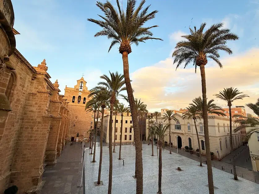 Von Palmen gesäumter historischer Platz und Kathedralenarchitektur in Almería
