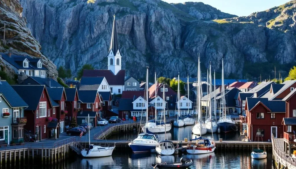 Larvik Uferpromenade, Fjord und Stadt in Vestfold, Norwegen
